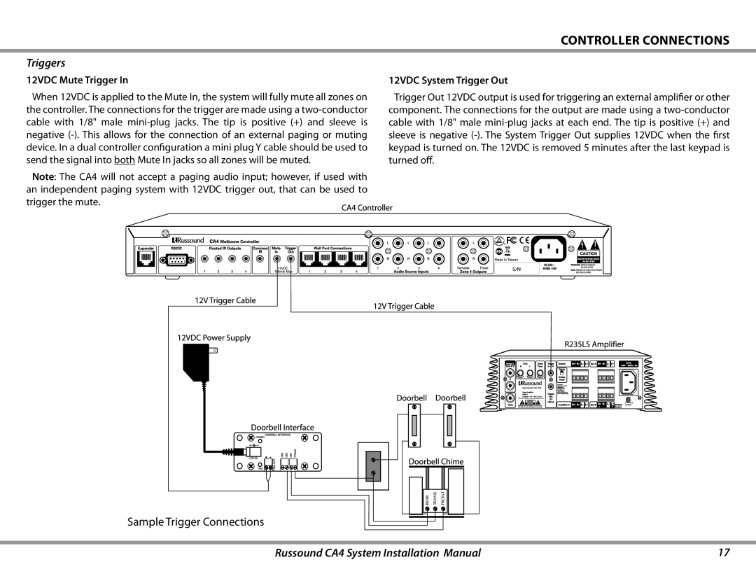 Russound CA4 installation manual Triggers, 12VDC Mute Trigger, 12VDC System Trigger Out 