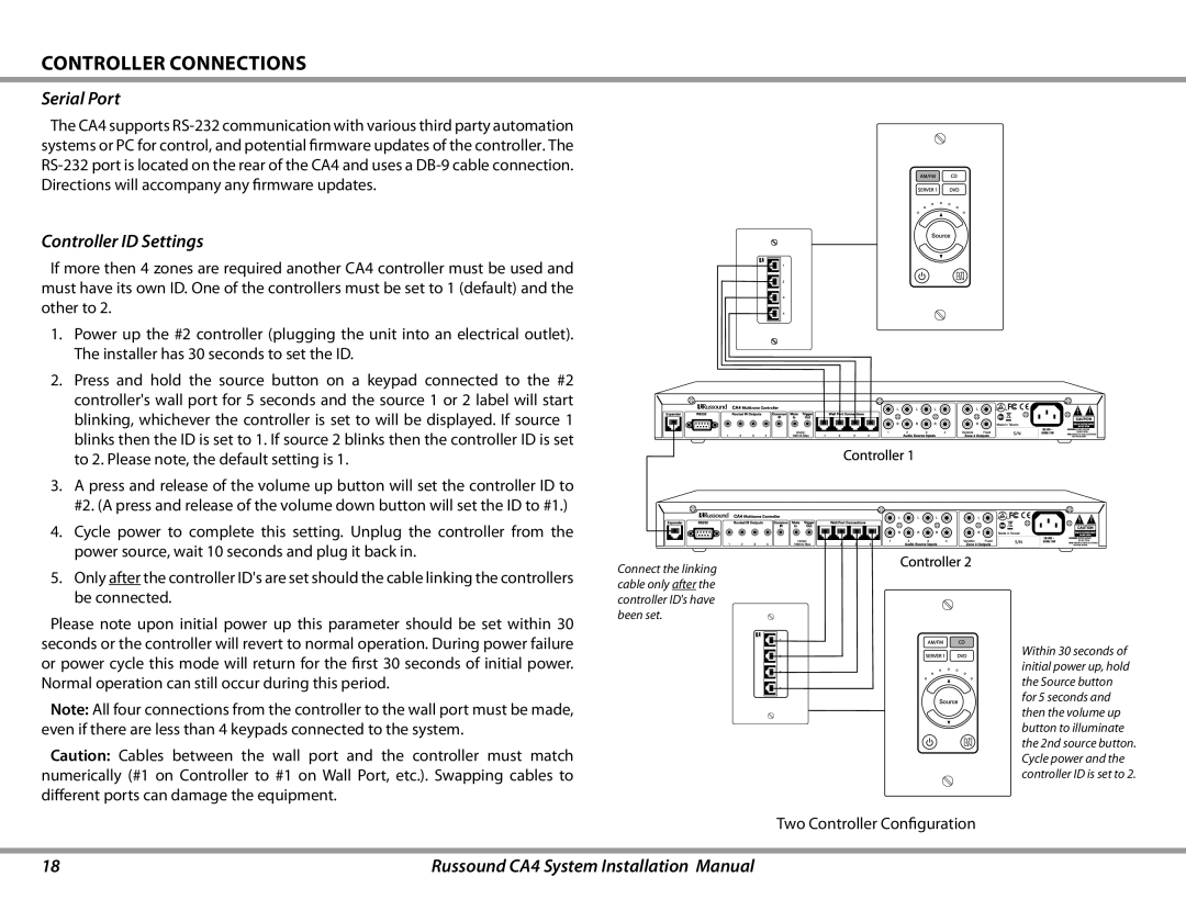 Russound CA4 installation manual Serial Port, Controller ID Settings 