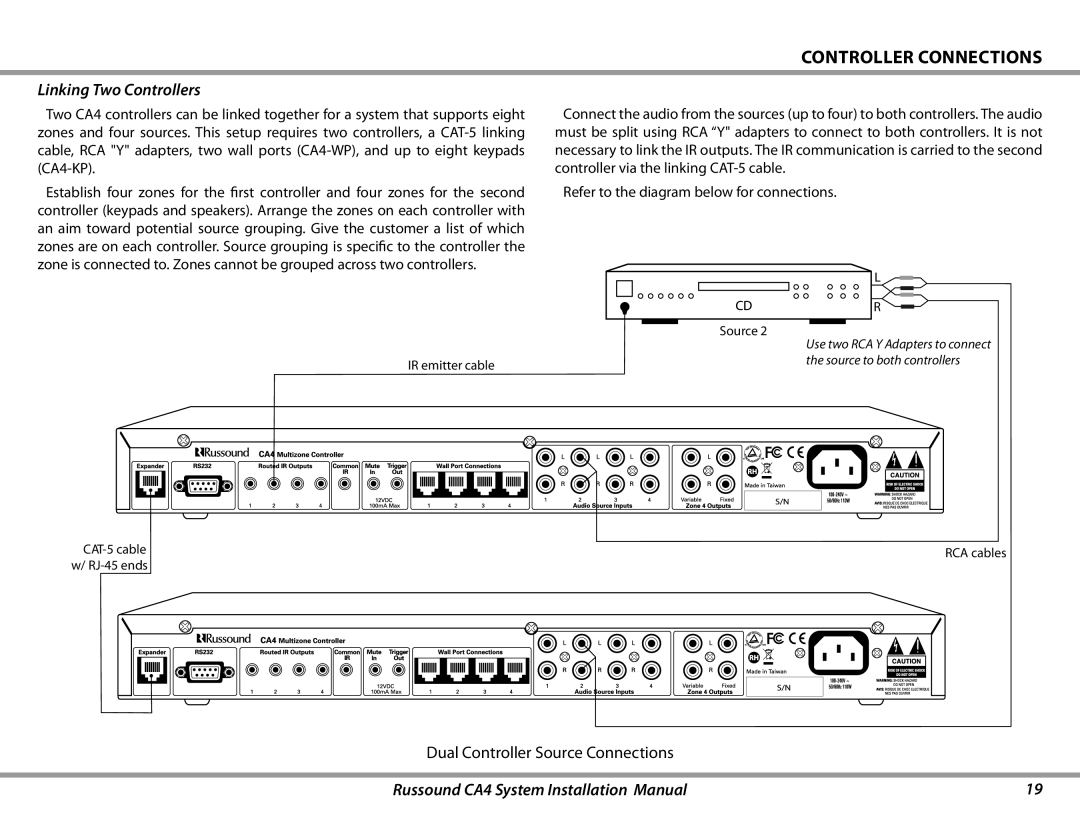 Russound CA4 installation manual Linking Two Controllers 