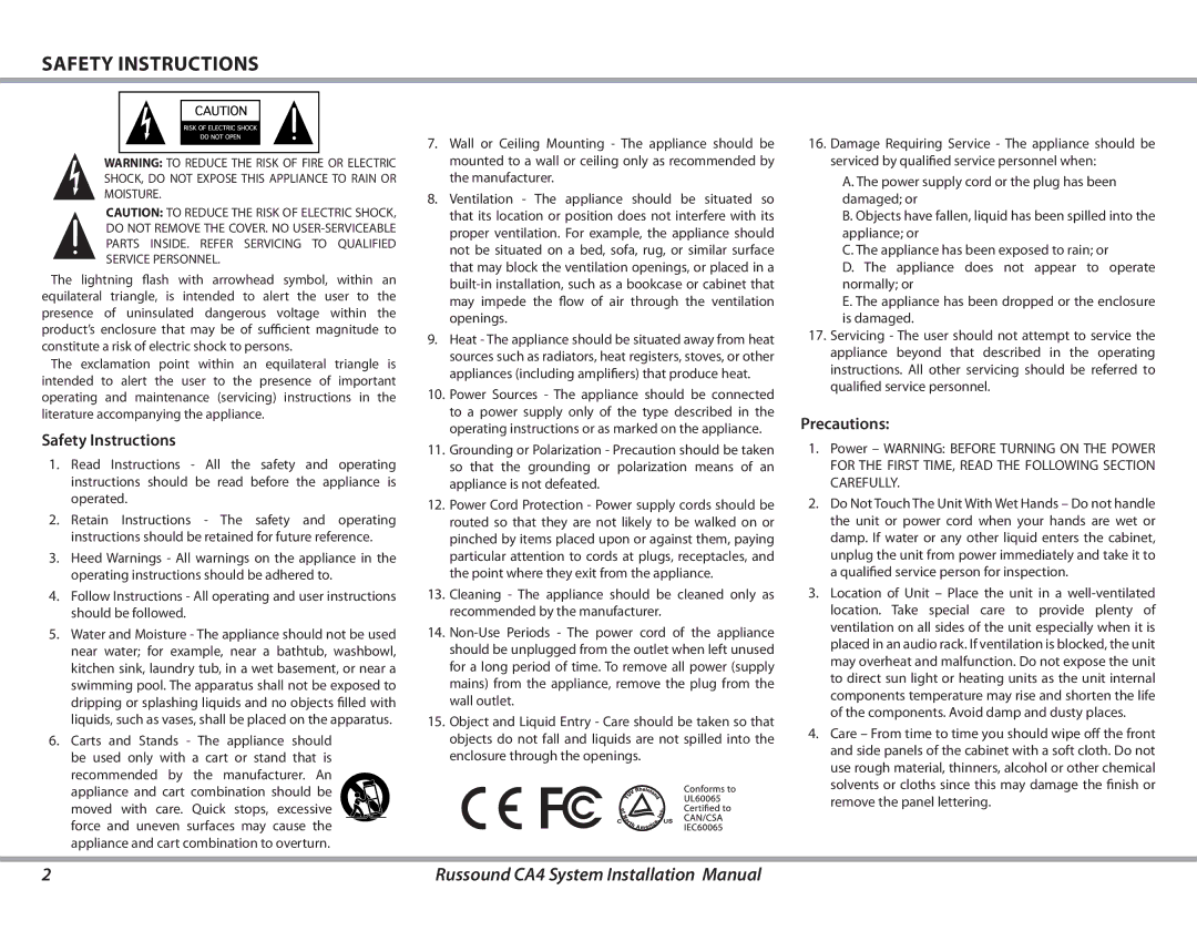 Russound CA4 installation manual Safety Instructions, Precautions 