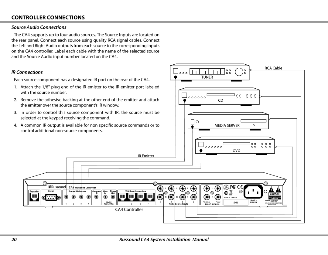 Russound CA4 installation manual Source Audio Connections, IR Connections 