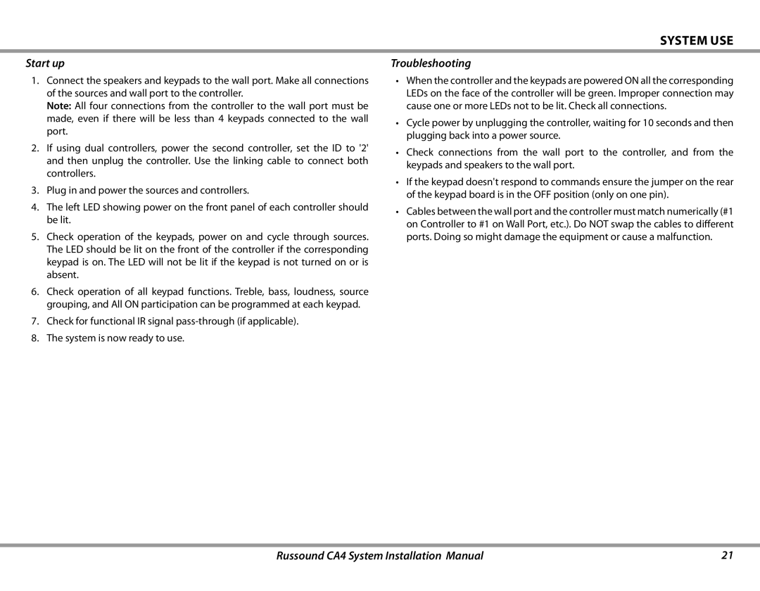 Russound CA4 installation manual System Use, Start up, Troubleshooting 