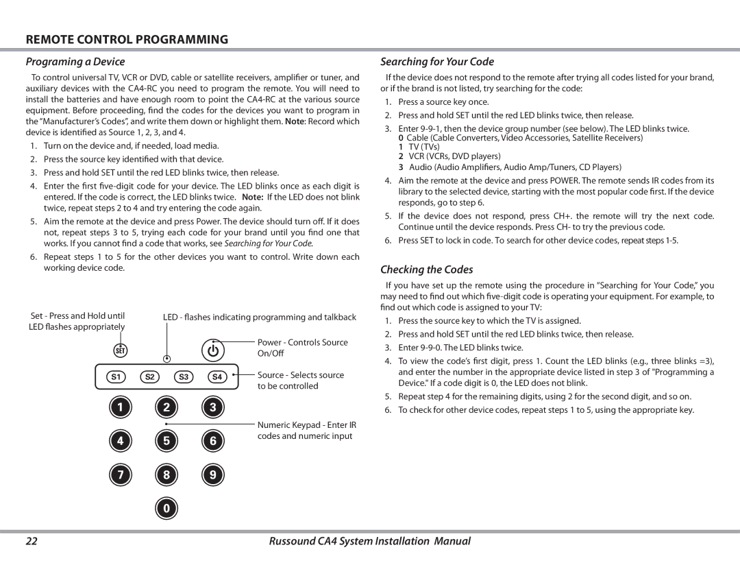 Russound CA4 Remote Control Programming, Programing a Device, Searching for Your Code, Checking the Codes 