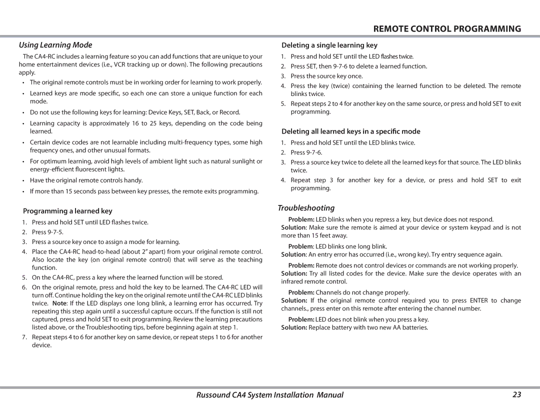 Russound CA4 installation manual Using Learning Mode, Programming a learned key, Deleting a single learning key 