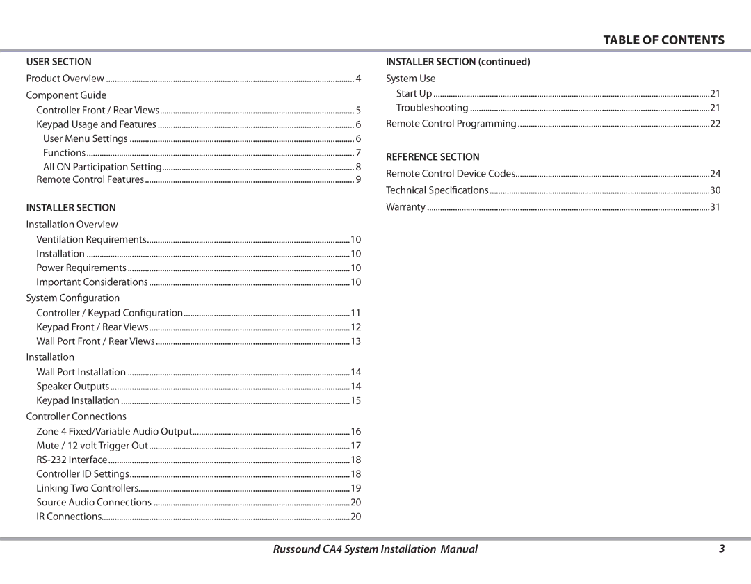 Russound CA4 installation manual Table of Contents 