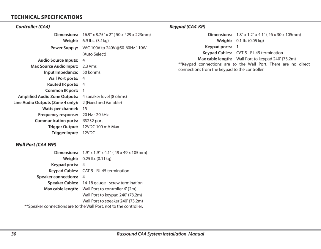 Russound installation manual Controller CA4, Wall Port CA4-WP, Keypad CA4-KP 