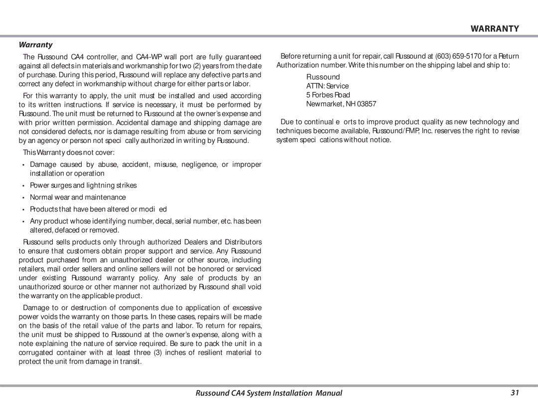 Russound CA4 installation manual Warranty 