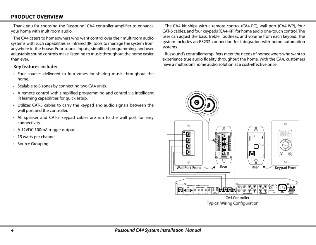 Russound CA4 installation manual Product Overview, Key features include 