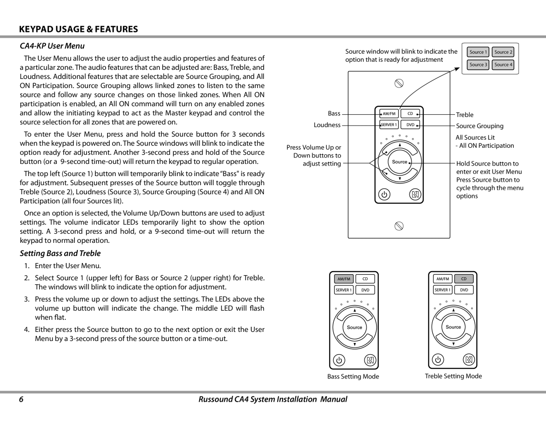 Russound installation manual Keypad usage & Features, CA4-KP User Menu, Setting Bass and Treble 