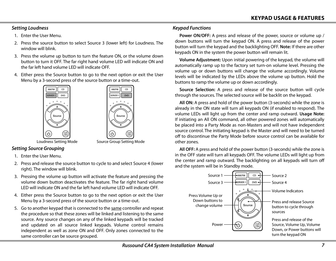 Russound CA4 installation manual Setting Loudness, Setting Source Grouping, Keypad Functions 