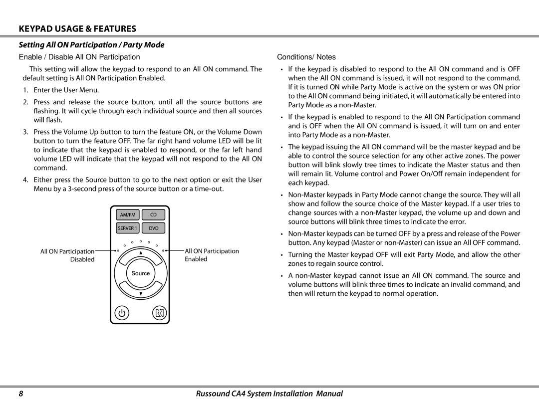 Russound CA4 Setting All on Participation / Party Mode, Enable / Disable All on Participation, Conditions/ Notes 