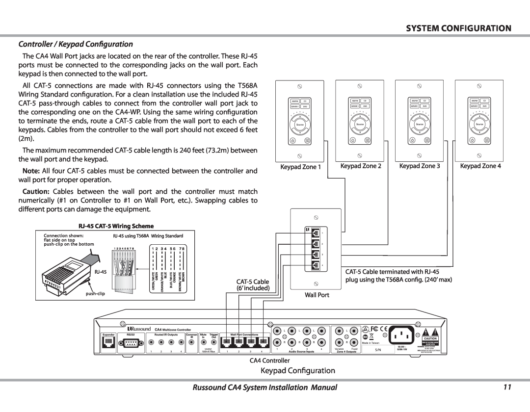 Russound System configuration, Controller / Keypad Configuration, Russound CA4 System Installation Manual 