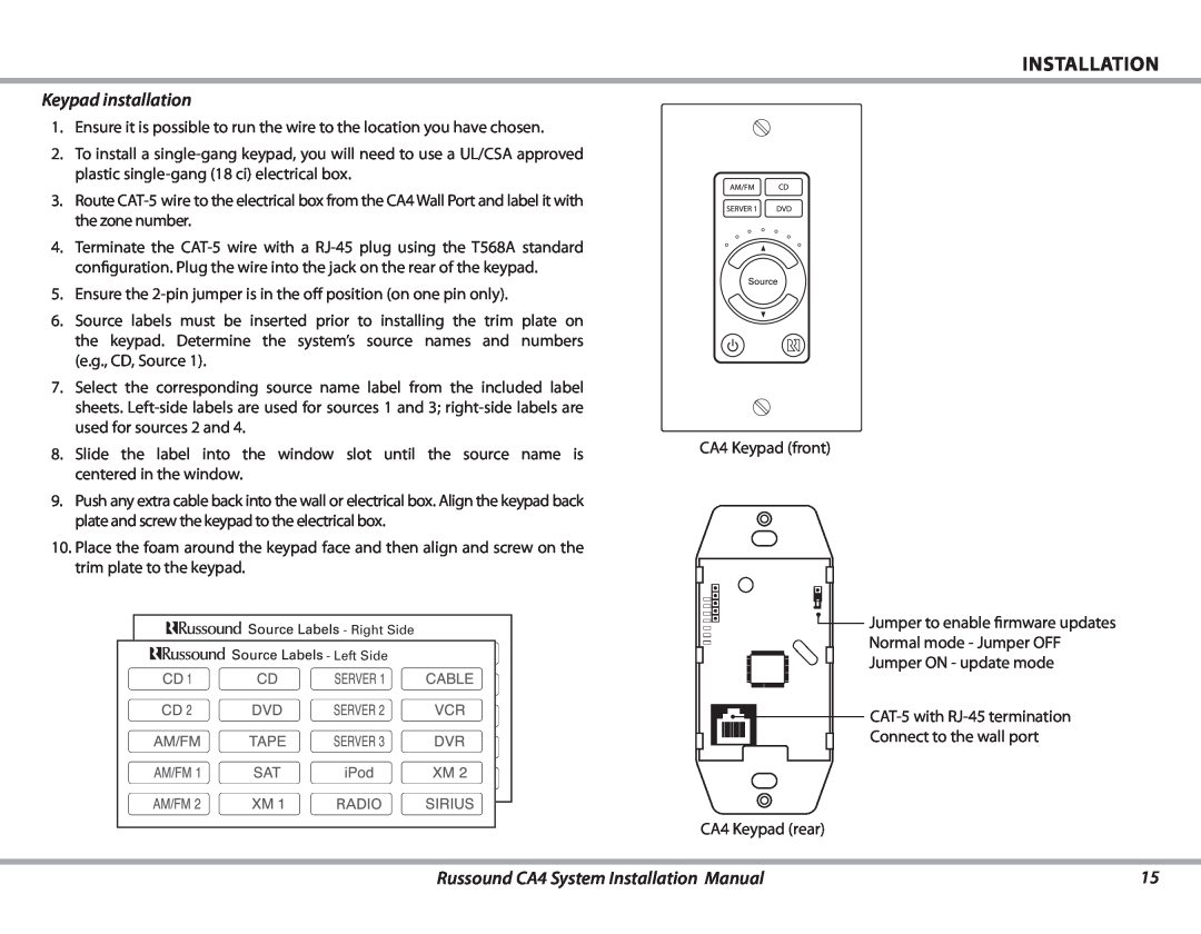 Russound installation manual Keypad installation, Russound CA4 System Installation Manual 