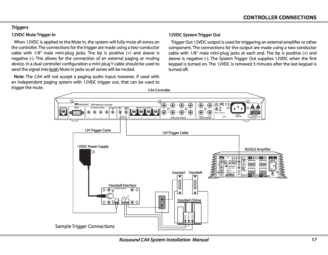Russound Triggers, Sample Trigger Connections, Controller Connections, Russound CA4 System Installation Manual 