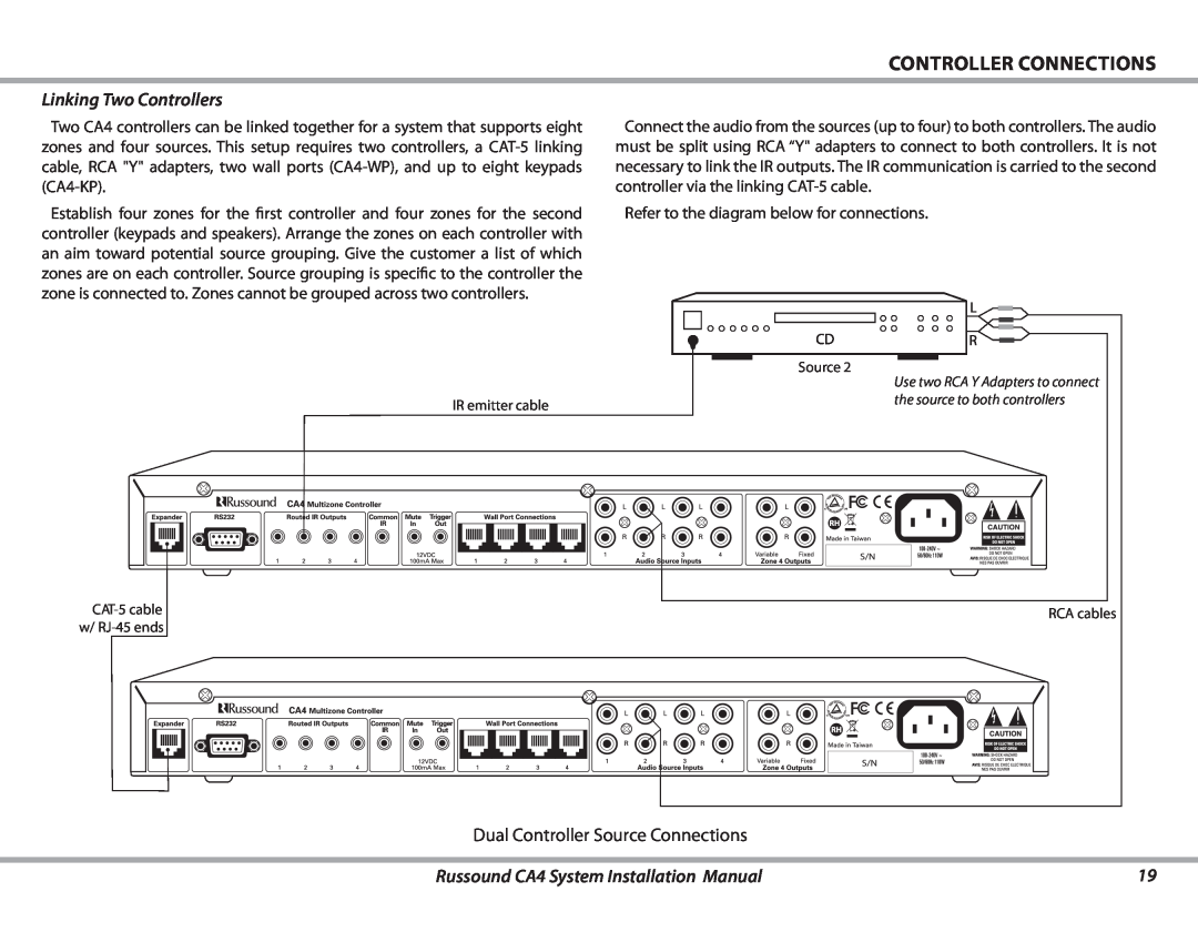 Russound CA4 installation manual Controller connections, Linking Two Controllers, Dual Controller Source Connections 
