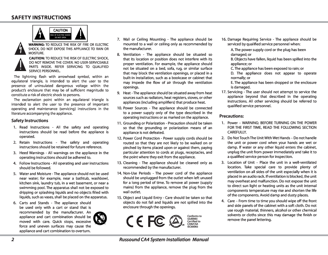 Russound installation manual Safety Instructions, Precautions, Russound CA4 System Installation Manual 
