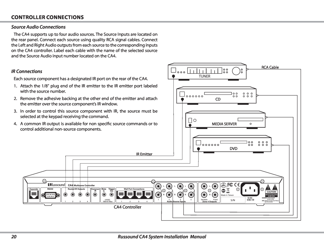 Russound CA4 installation manual Source Audio Connections, IR Connections, Controller connections 