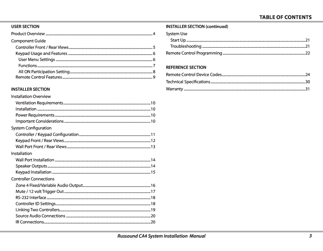 Russound installation manual Table Of Contents, Russound CA4 System Installation Manual 