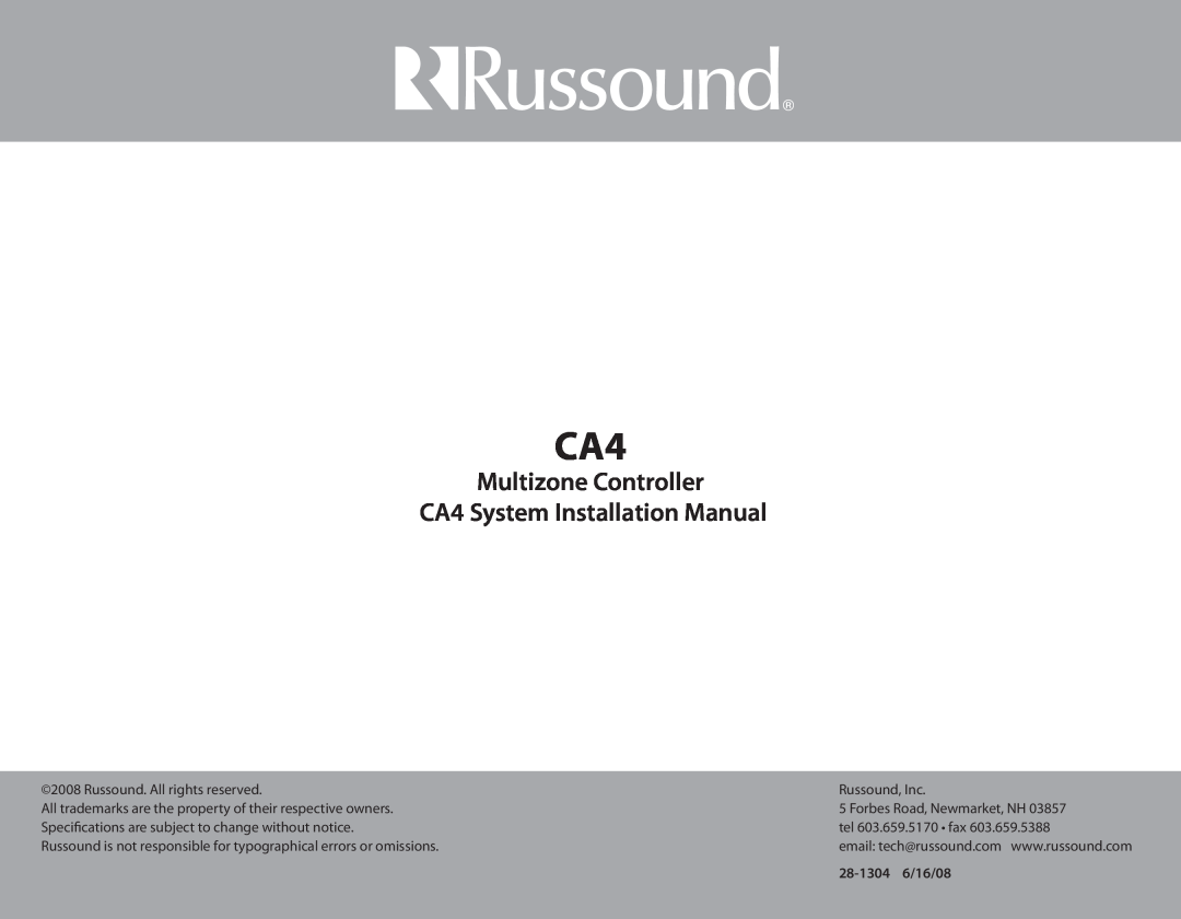 Russound installation manual Multizone Controller, CA4 System Installation Manual, 28-13046/16/08 