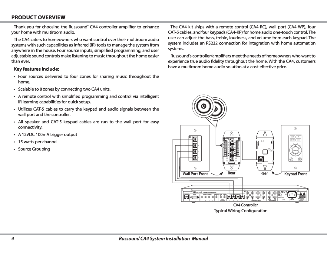 Russound CA4 installation manual product OVERVIEW, Key features include 