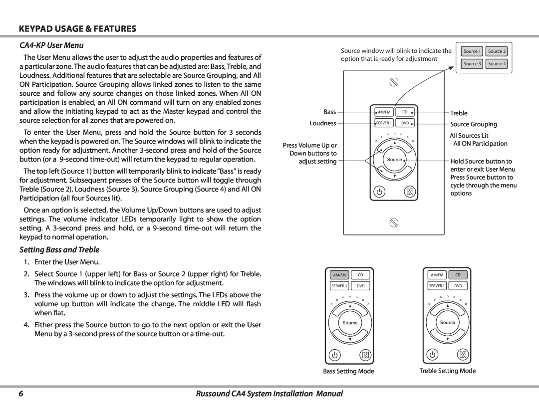 Russound installation manual Keypad usage & Features, CA4-KPUser Menu, Setting Bass and Treble 