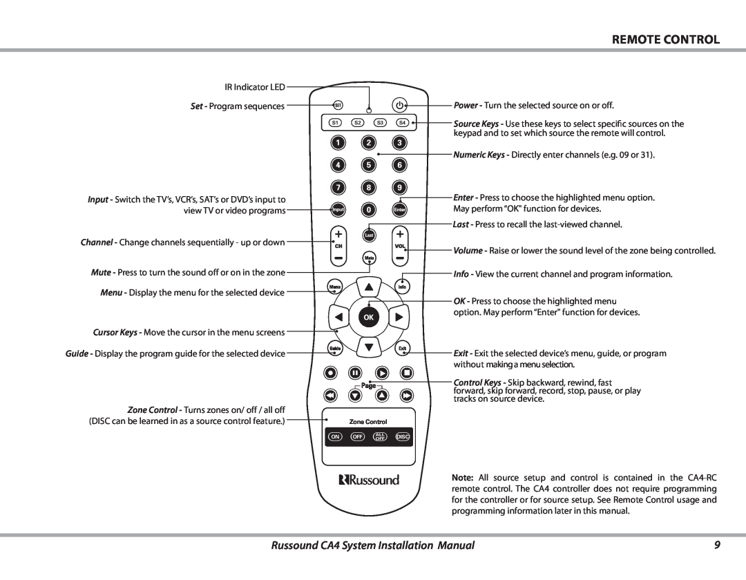 Russound Remote Control, Russound CA4 System Installation Manual, Power - Turn the selected source on or off 