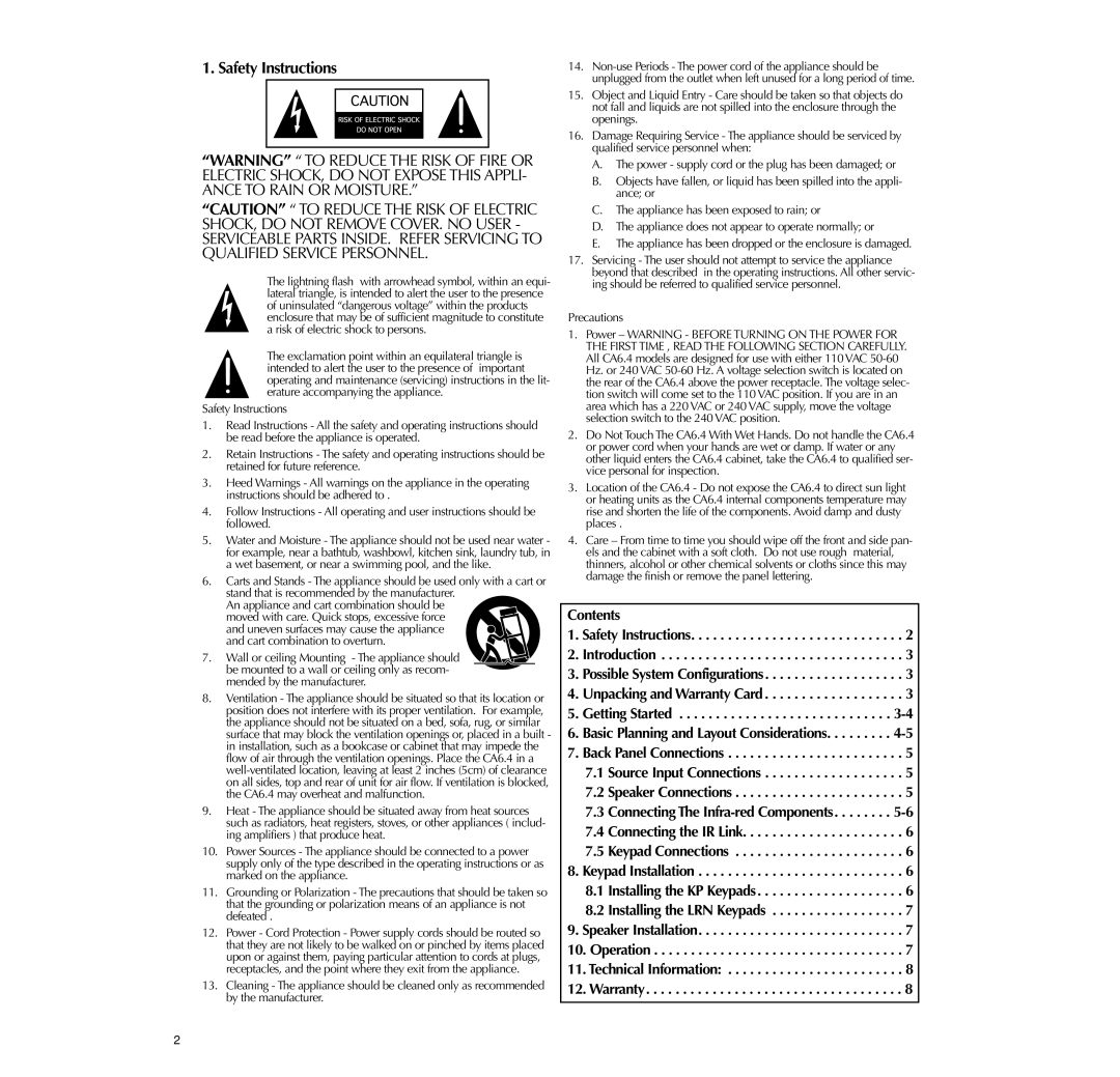 Russound CA6.4 instruction manual Safety Instructions, Contents 