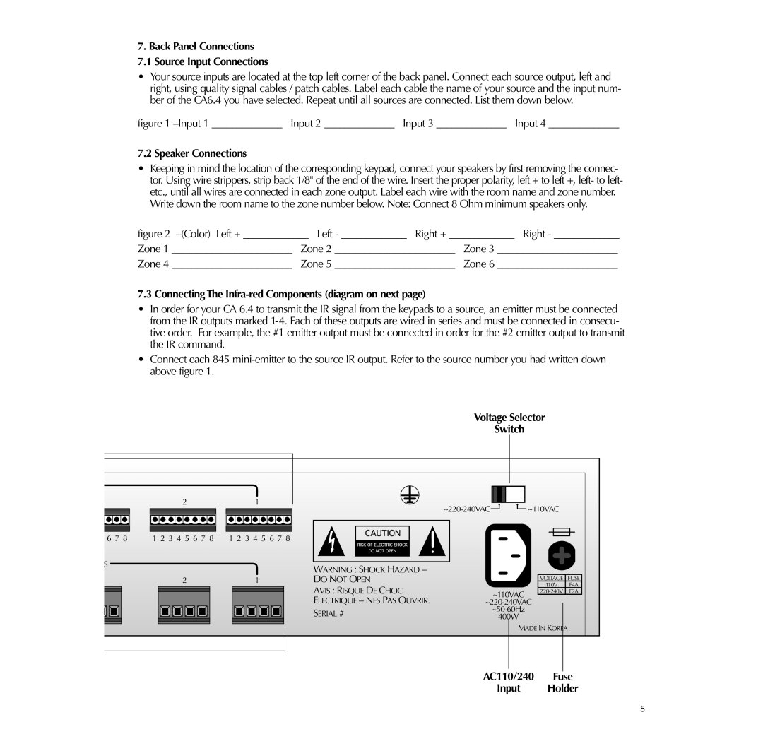 Russound CA6.4 Speaker Connections, Connecting The Infra-red Components diagram on next, Voltage Selector Switch 