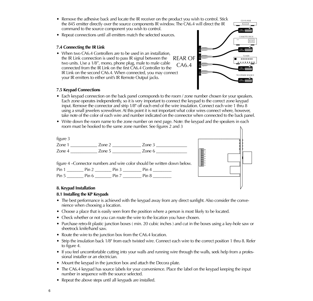 Russound CA6.4 instruction manual Connecting the IR Link, Keypad Connections, Keypad Installation Installing the KP Keypads 