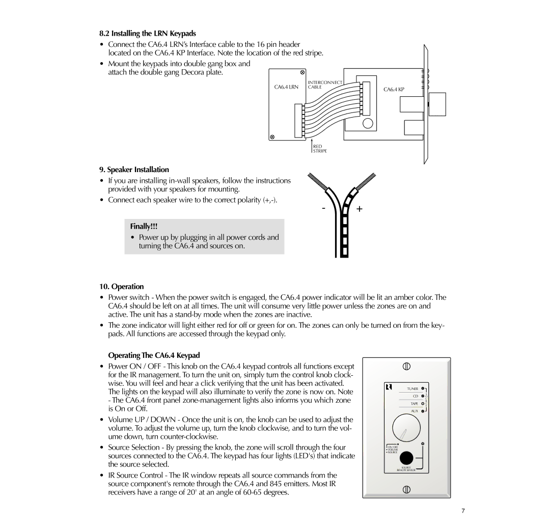 Russound Installing the LRN Keypads, Speaker Installation, Finally, Operation, Operating The CA6.4 Keypad 