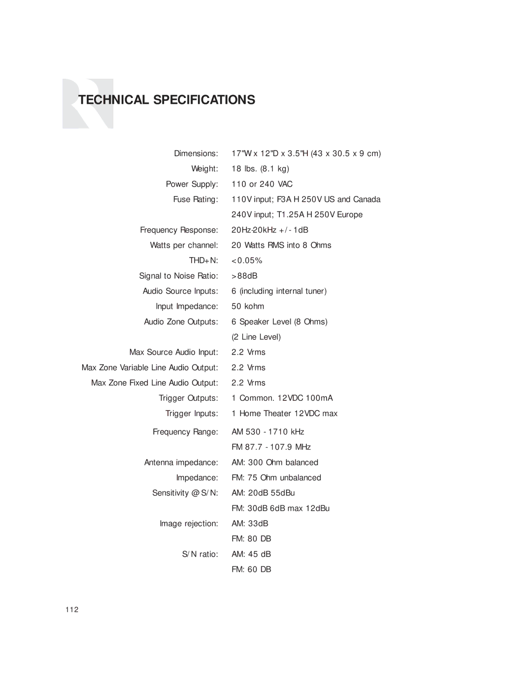 Russound CAM6.6T instruction manual Technical Specifications 