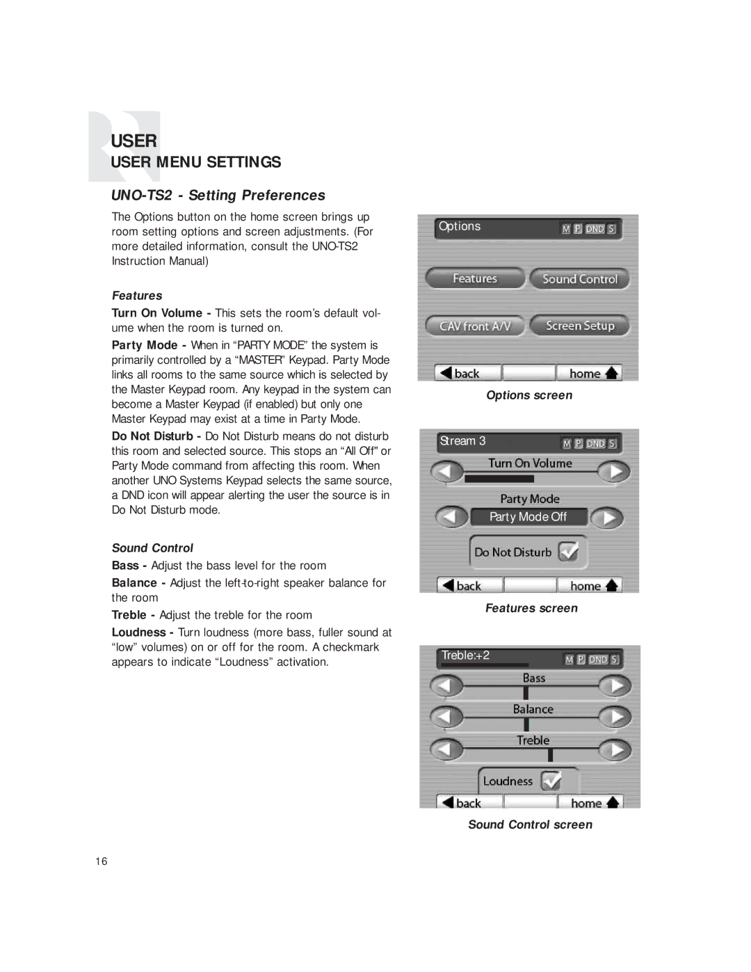 Russound CAM6.6T instruction manual UNO-TS2 Setting Preferences, Features 