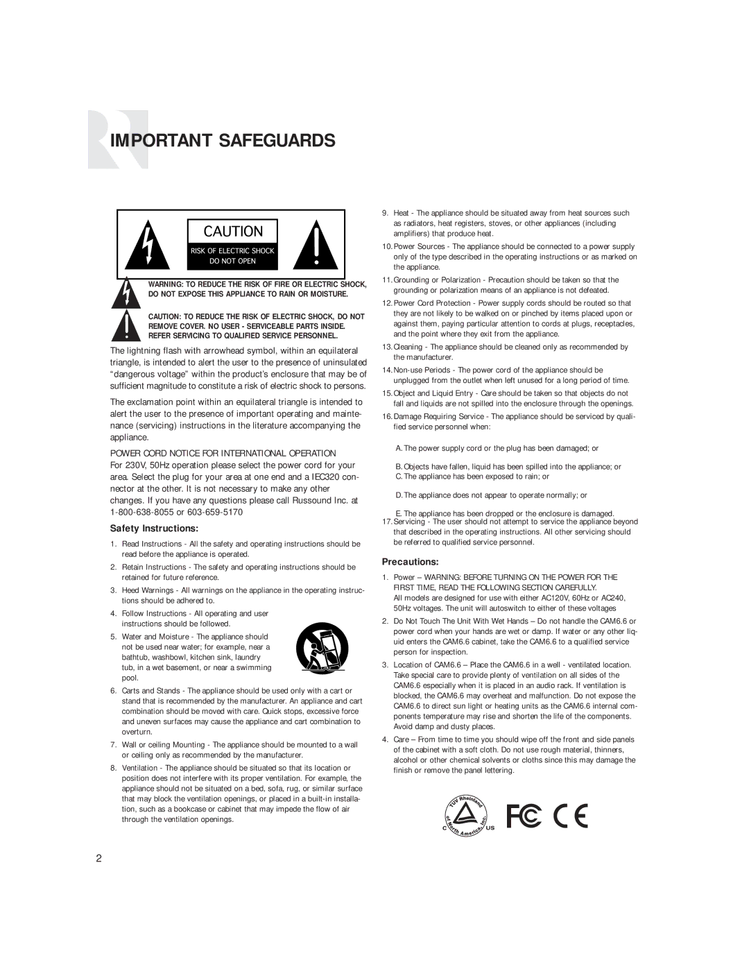 Russound CAM6.6T instruction manual Important Safeguards 