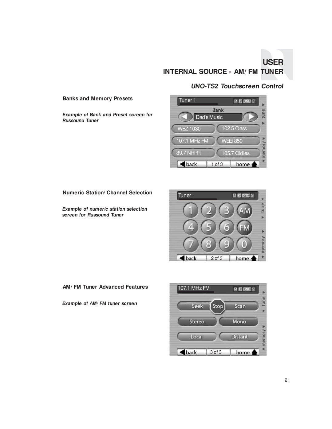 Russound CAM6.6T UNO-TS2 Touchscreen Control, Banks and Memory Presets, Numeric Station/Channel Selection 