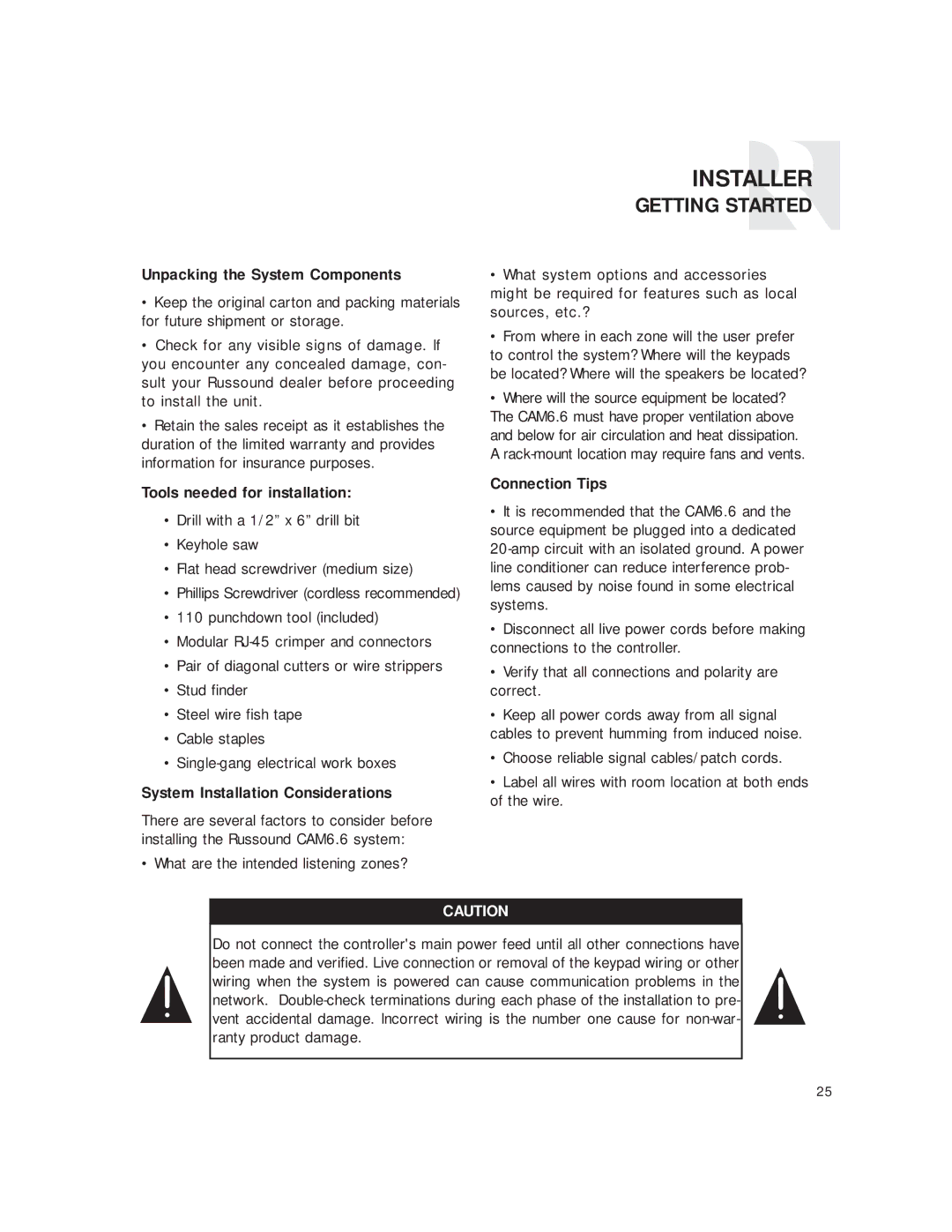 Russound CAM6.6T Getting Started, Unpacking the System Components, Tools needed for installation, Connection Tips 