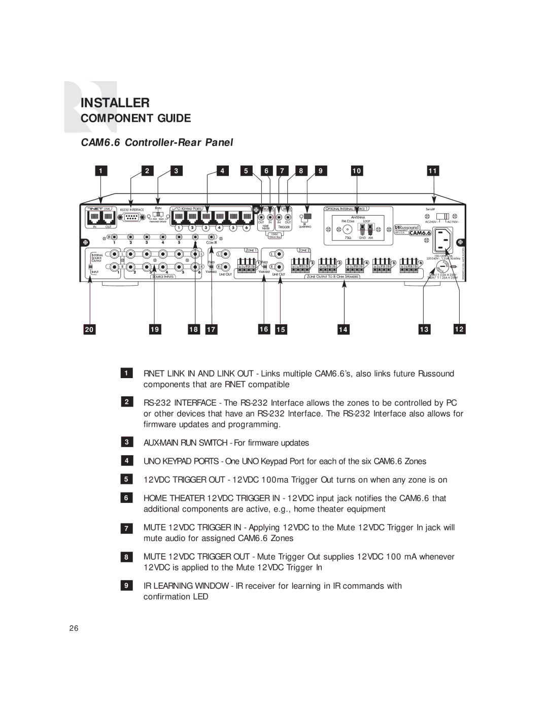 Russound CAM6.6T instruction manual Component Guide, CAM6.6 Controller-Rear Panel 