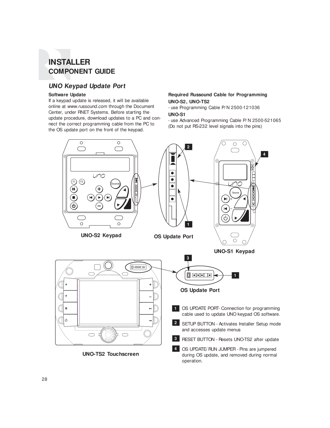 Russound CAM6.6T instruction manual UNO Keypad Update Port, UNO-S2 Keypad OS Update Port UNO-S1 Keypad, UNO-TS2 Touchscreen 