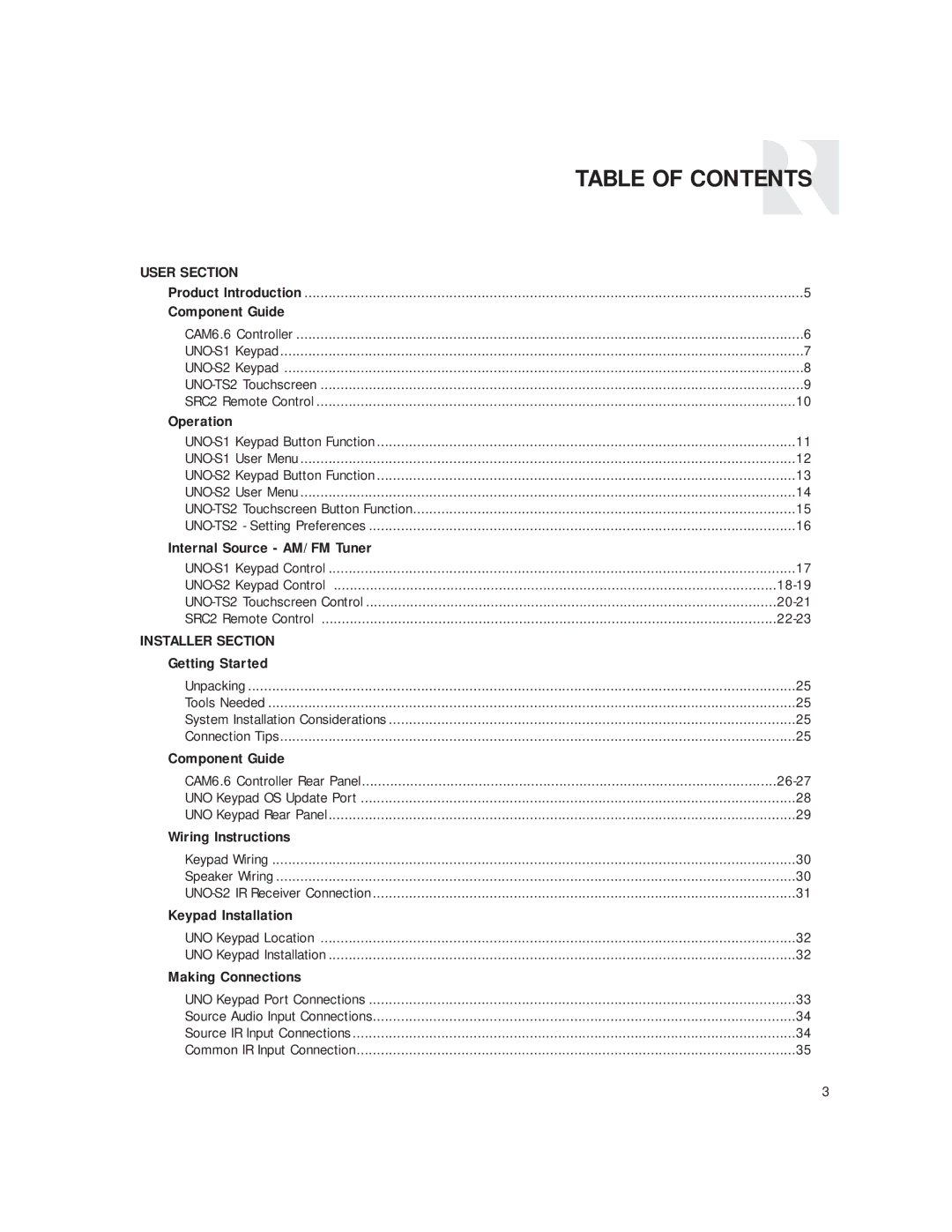 Russound CAM6.6T instruction manual Table of Contents 