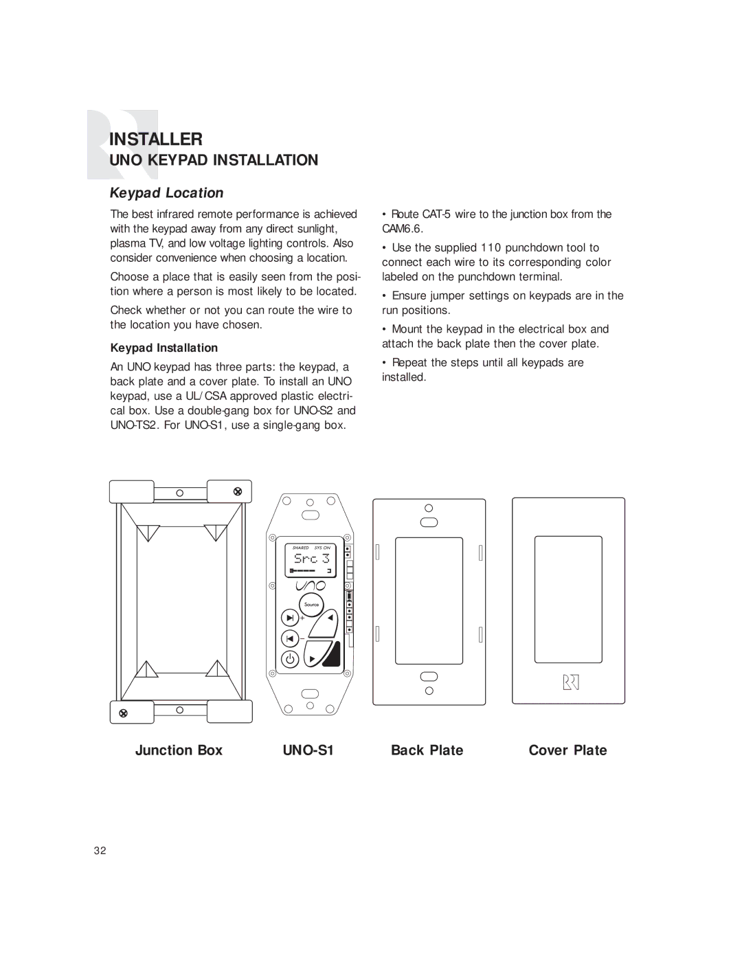 Russound CAM6.6T instruction manual UNO Keypad Installation, Keypad Location 