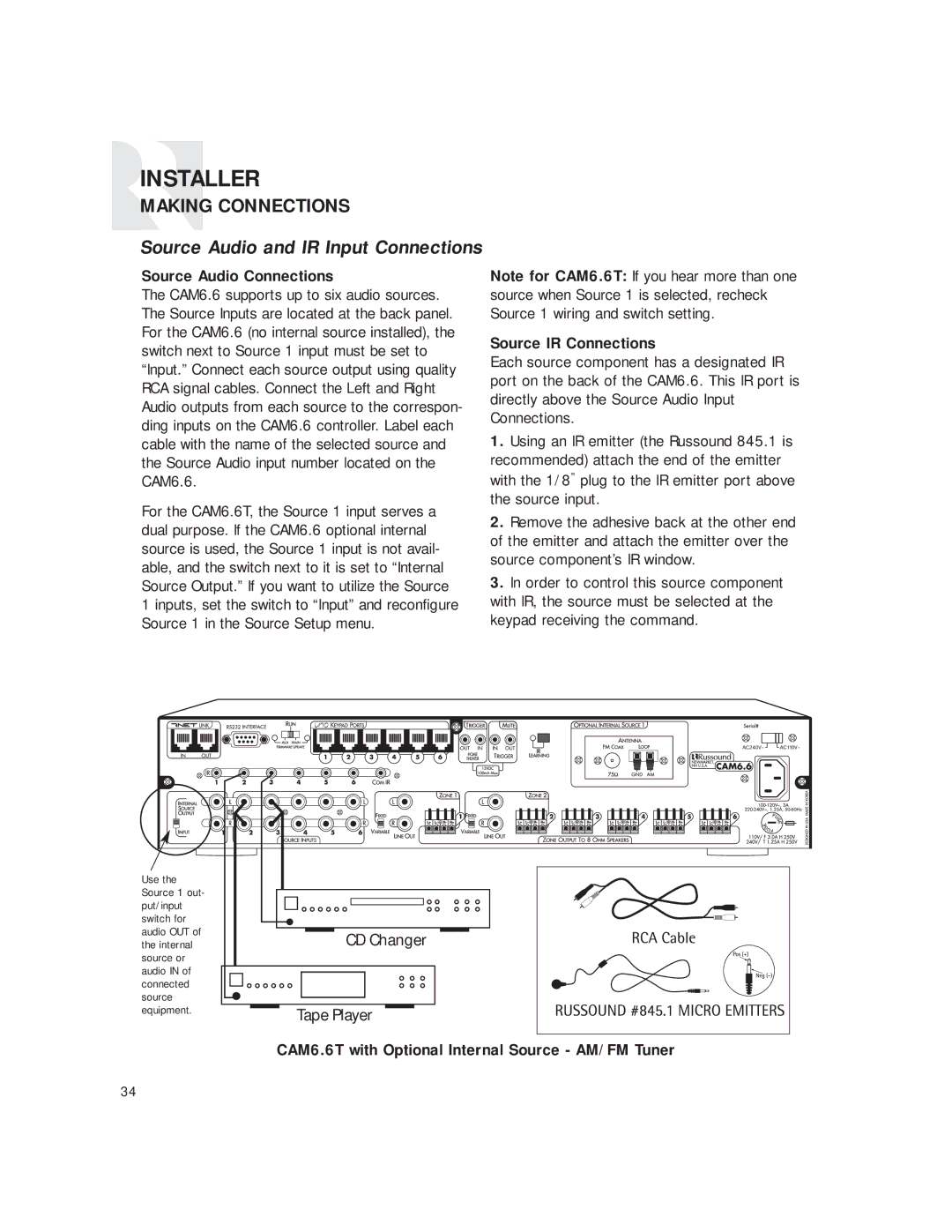 Russound CAM6.6T instruction manual Source Audio and IR Input Connections, Source Audio Connections, Source IR Connections 