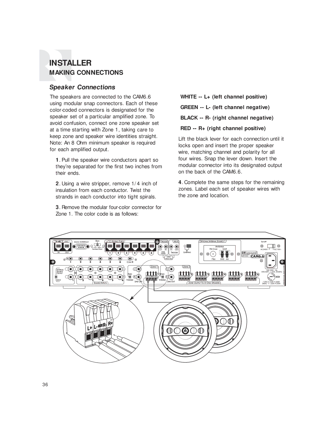 Russound CAM6.6T instruction manual Speaker Connections 