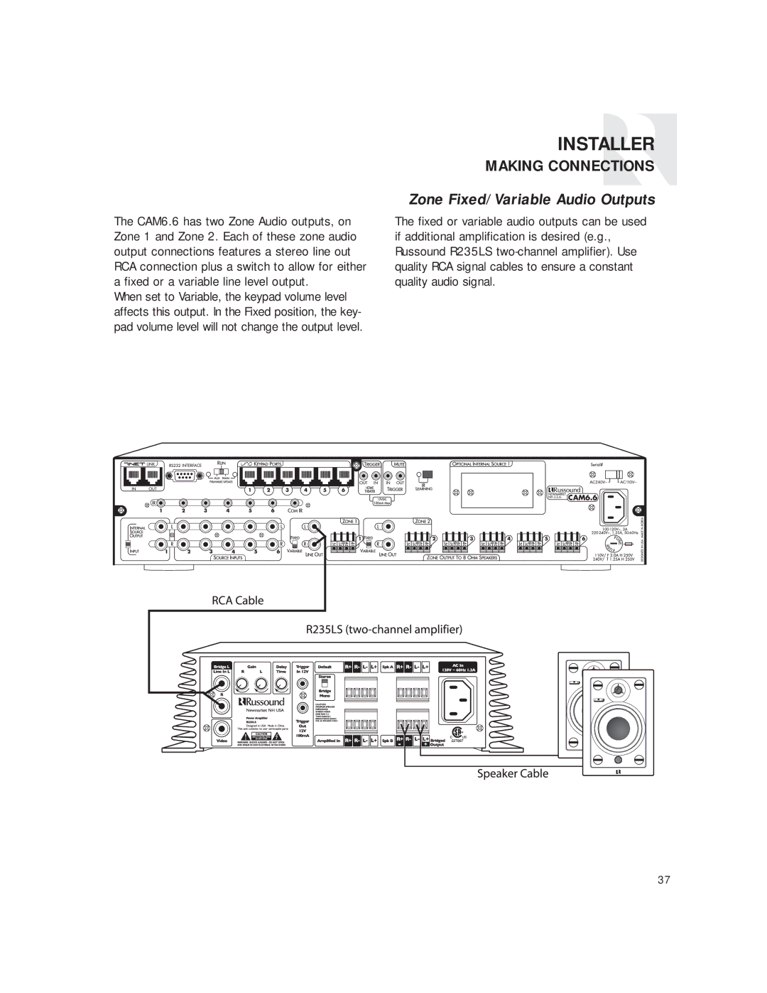 Russound CAM6.6T instruction manual Zone Fixed/Variable Audio Outputs 