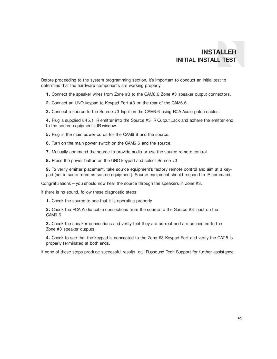 Russound CAM6.6T instruction manual Initial Install Test 