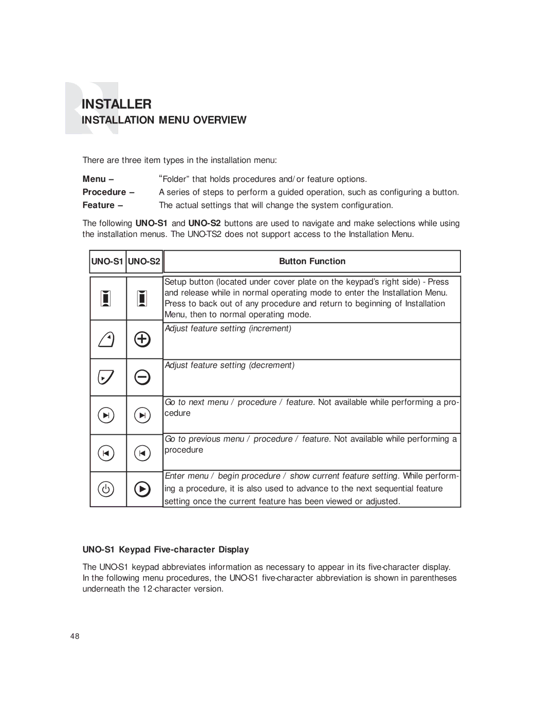 Russound CAM6.6T instruction manual UNO-S1 UNO-S2, Button Function, UNO-S1 Keypad Five-character Display 