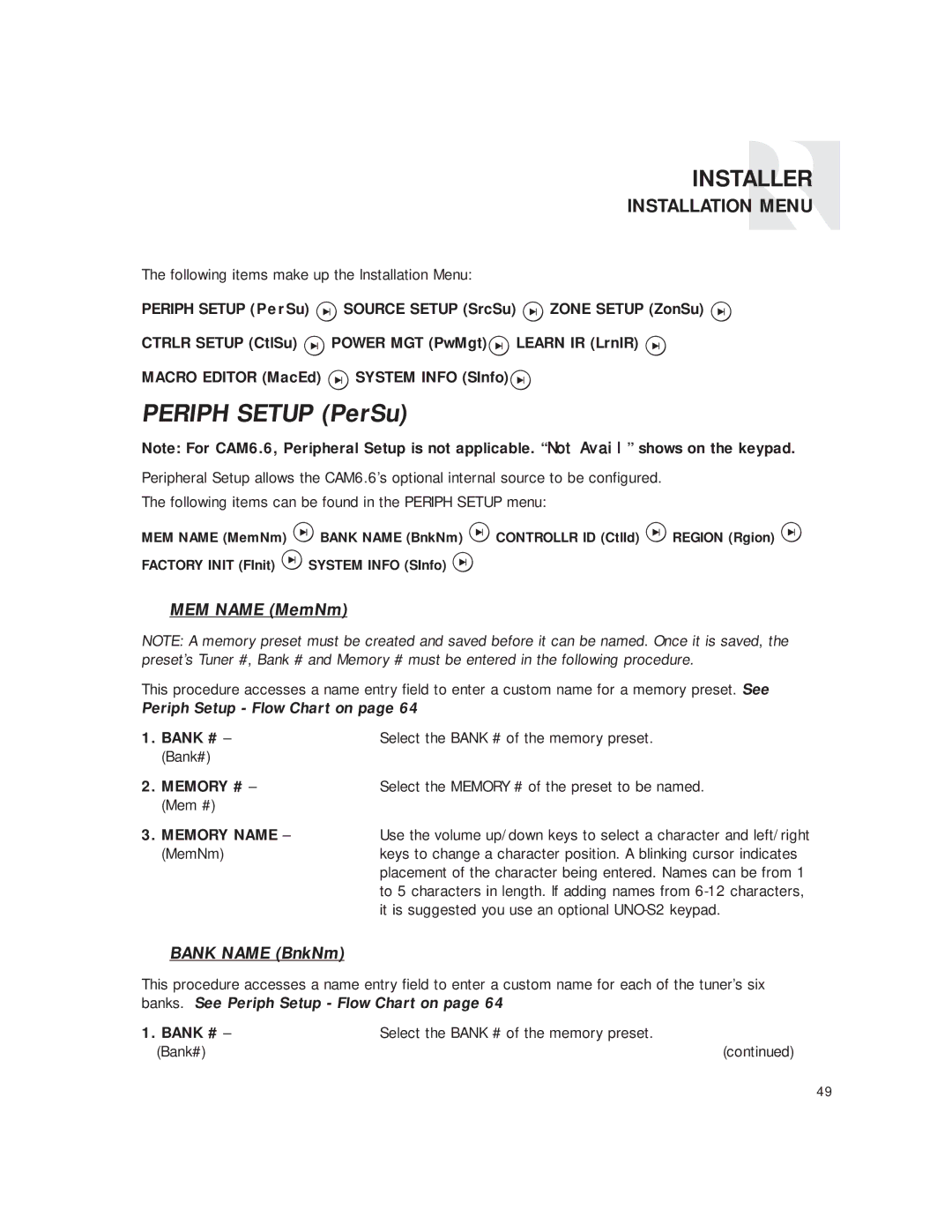 Russound CAM6.6T instruction manual Memory #, Memory Name, Bank # 