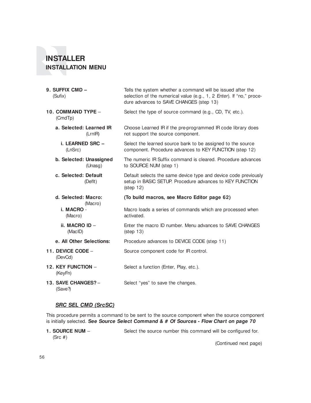 Russound CAM6.6T instruction manual SRC SEL CMD SrcSC, Suffix CMD 