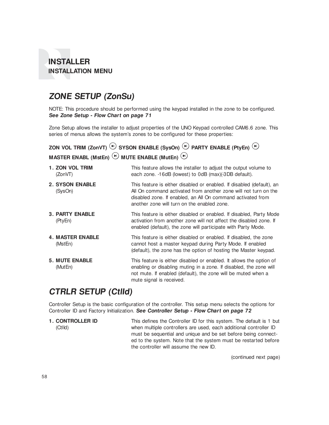 Russound CAM6.6T instruction manual ZON VOL Trim, Syson Enable, Party Enable, Master Enable, Mute Enable, Controller ID 