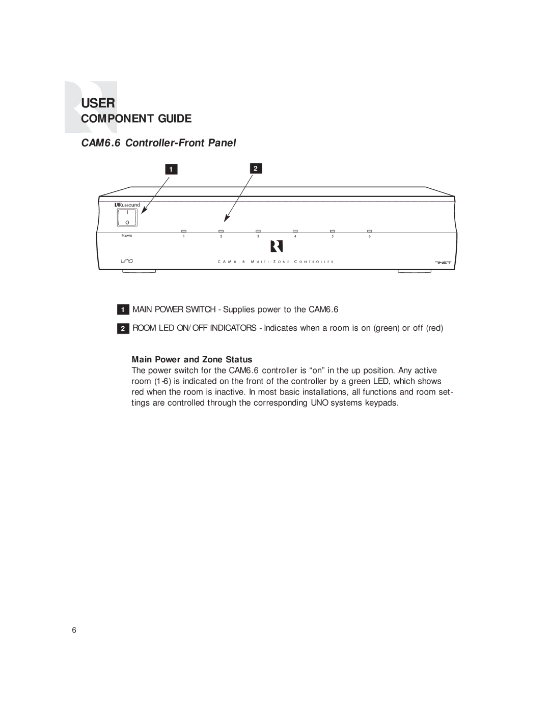 Russound CAM6.6T instruction manual Component Guide, CAM6.6 Controller-Front Panel, Main Power and Zone Status 