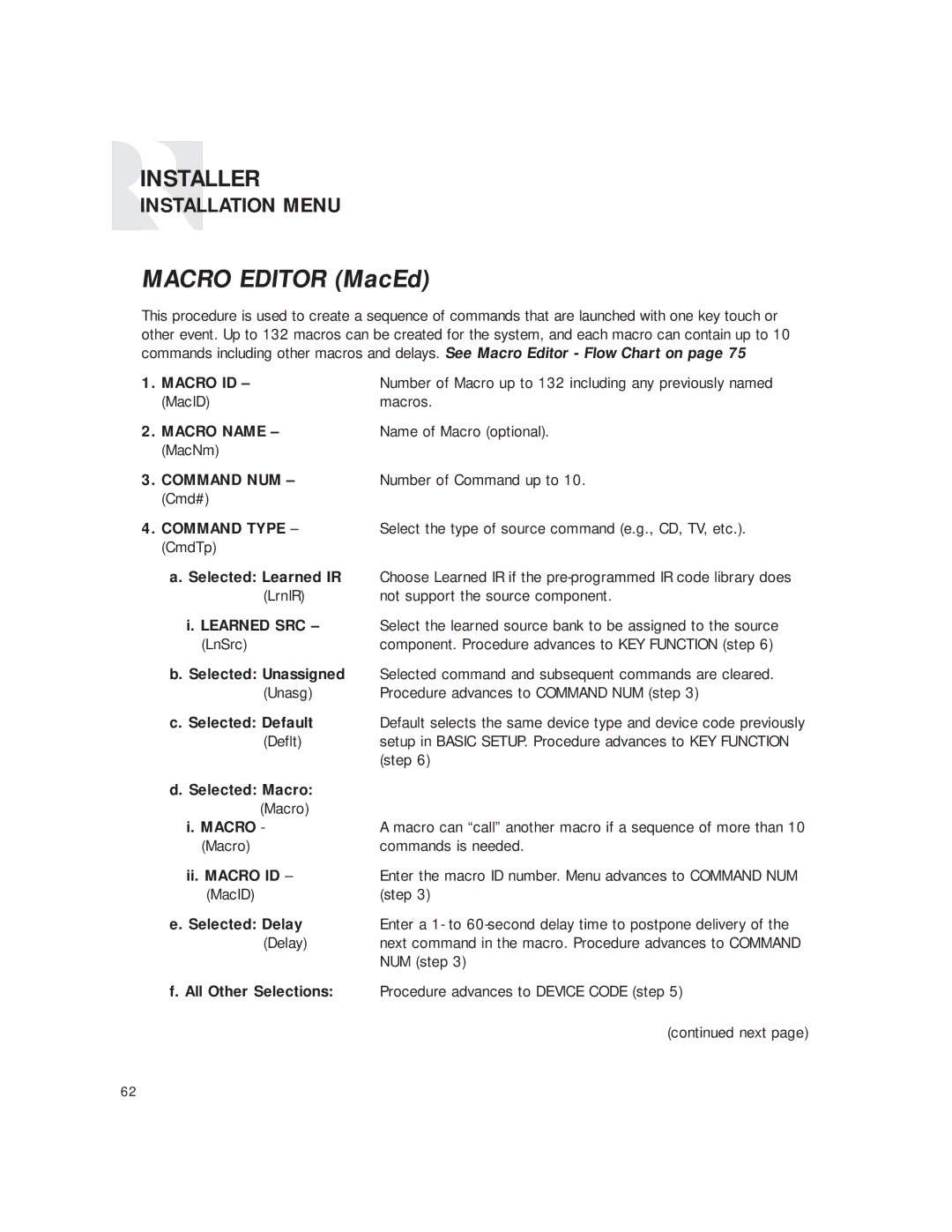 Russound CAM6.6T instruction manual Macro ID, Macro Name, Command NUM, Selected Macro, Selected Delay 