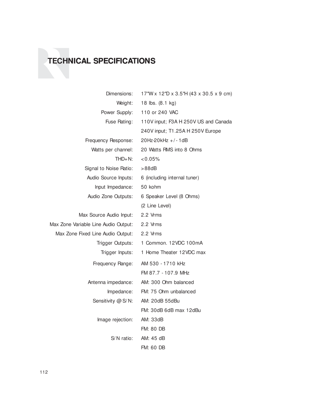 Russound CAM6.6T instruction manual Technical Specifications 